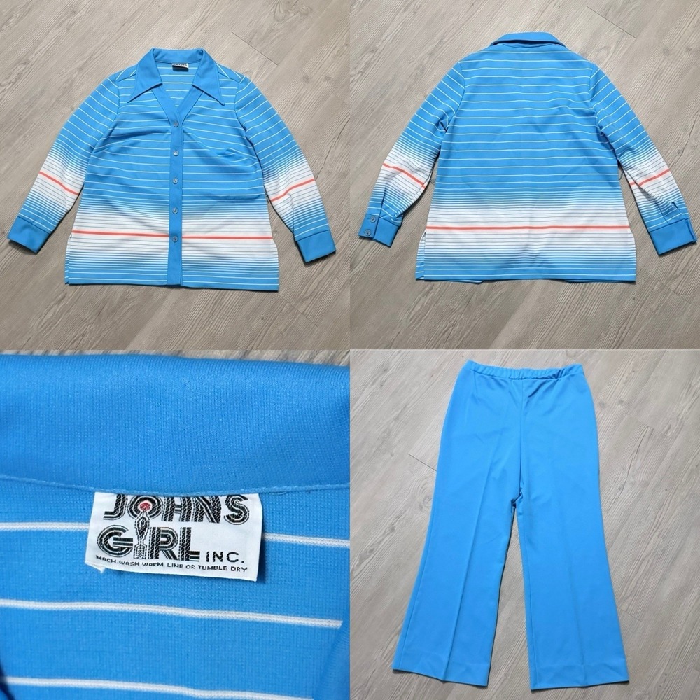 Vintage 1970s Womens Blue Striped Leisure Suit Top Pants Set Retro